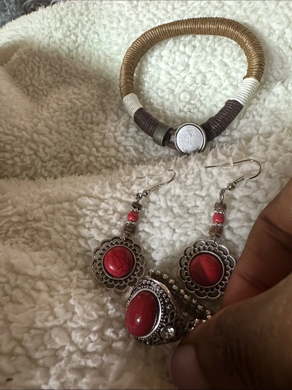 Boho Red Stone Jewelry Set - 4 Piece (Earrings, Ring, Bracelet)